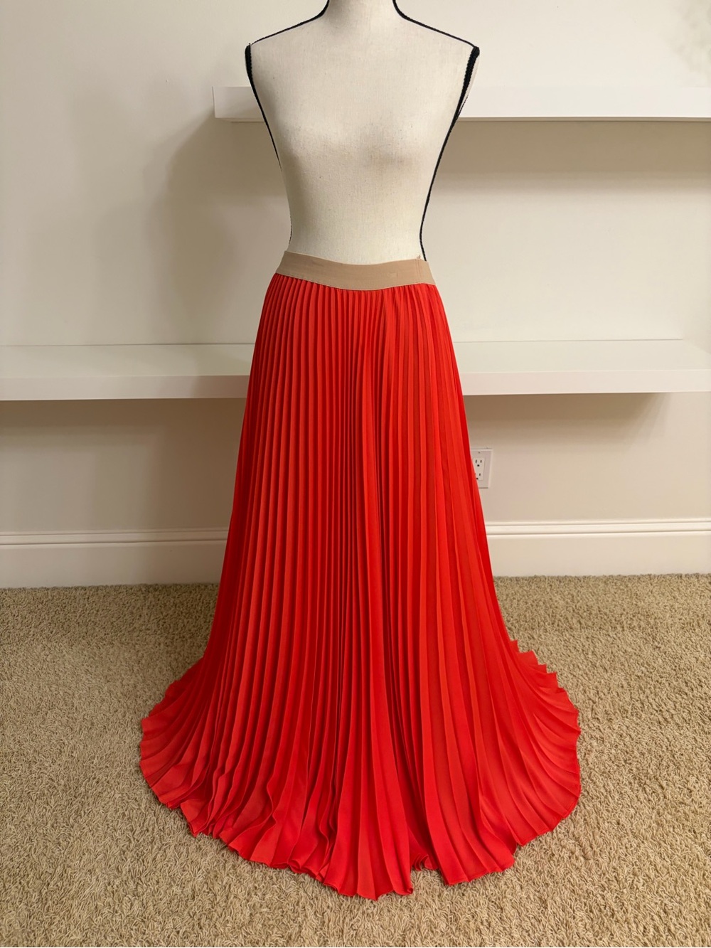 BCBGMaxAzria Red Pleated Maxi Skirt with Tan Waistband